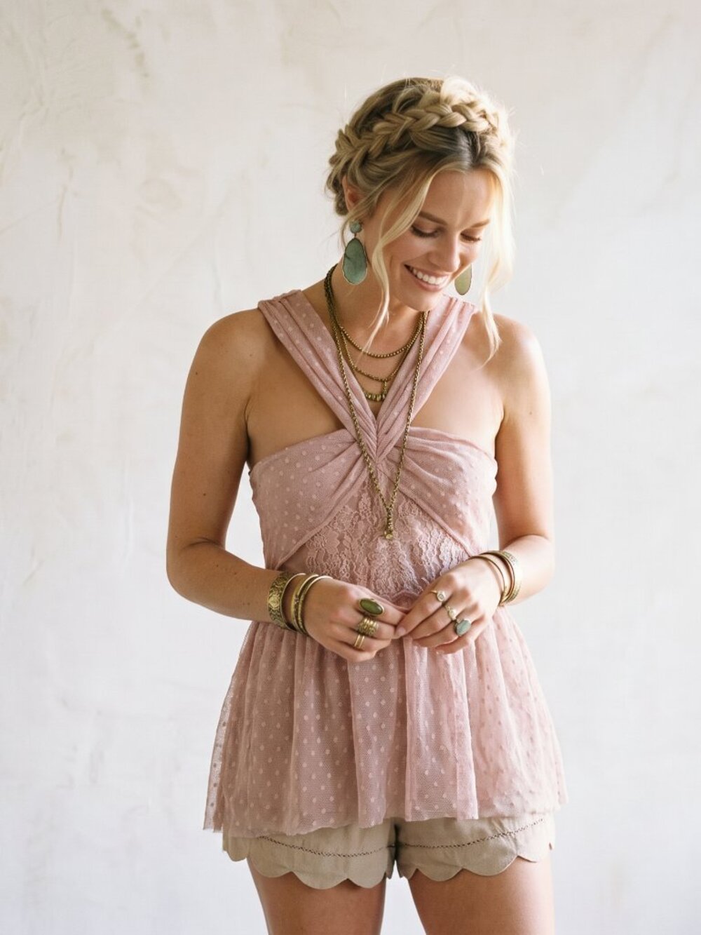 Free People Blush Pink Swiss Dot Lace Crossover Halter Peplum Tank Top L